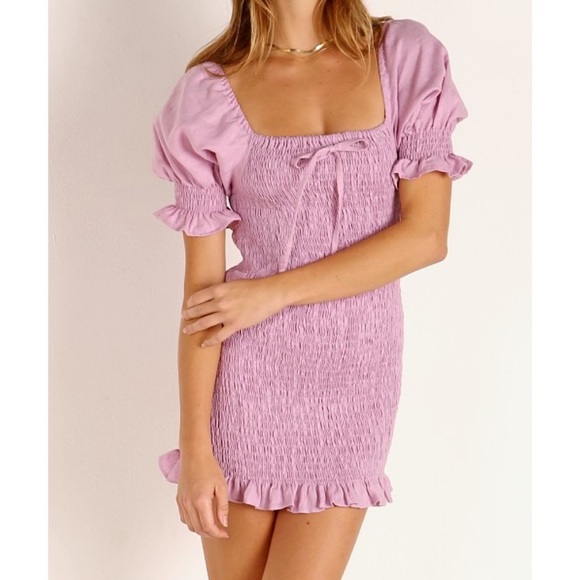 Faithfull the brand Annibelis Smocked linen Mini Dress purple - Picture 3 of 10
